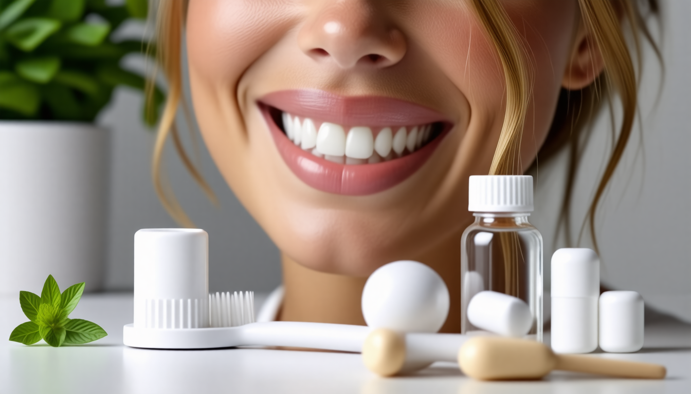 A calm dental-care scene with a soft toothbrush and natural gum-care… for best vitamins for teeth and gums