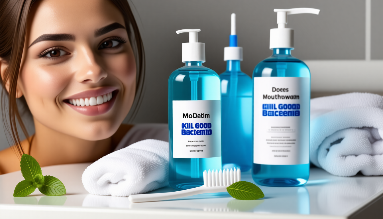 A mouthwash bottle and toothbrush with an abstract friendly-bacteria… for does mouthwash kill good bacteria